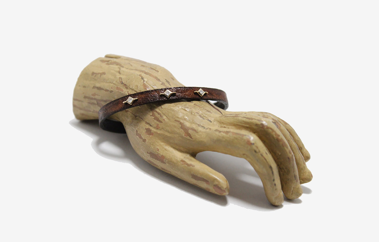 14k Gold Diamond Brown Leather Bracelet