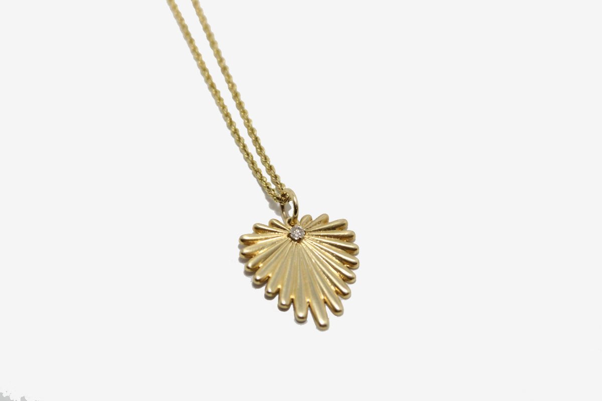 14k Gold Ribbed Heart + Diamond Pendant