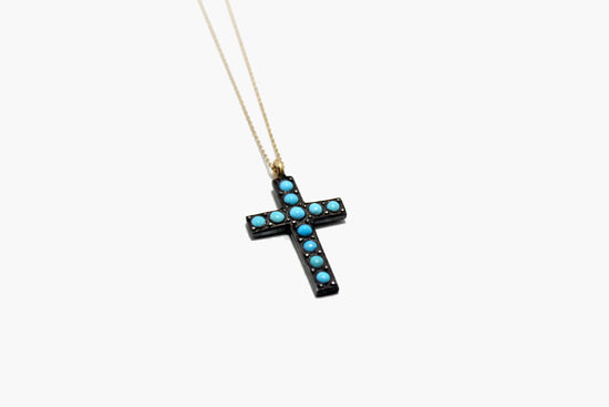 14k Gold + Oxidized Silver Turquoise Cross Necklace