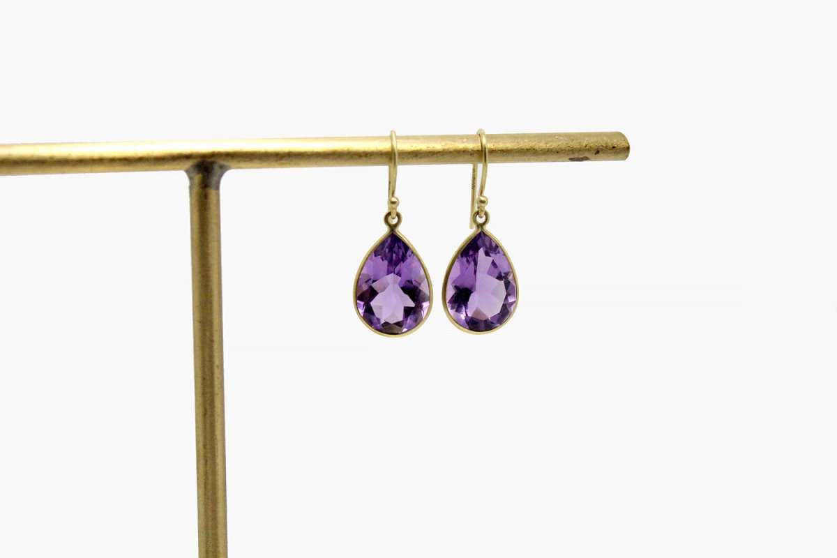 18k Gold Amethyst Wide Teardrop Earrings