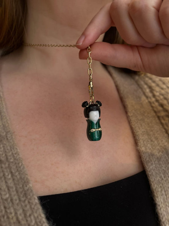 18k Gold Carved Agate + Malachite Chinese Doll Pendant