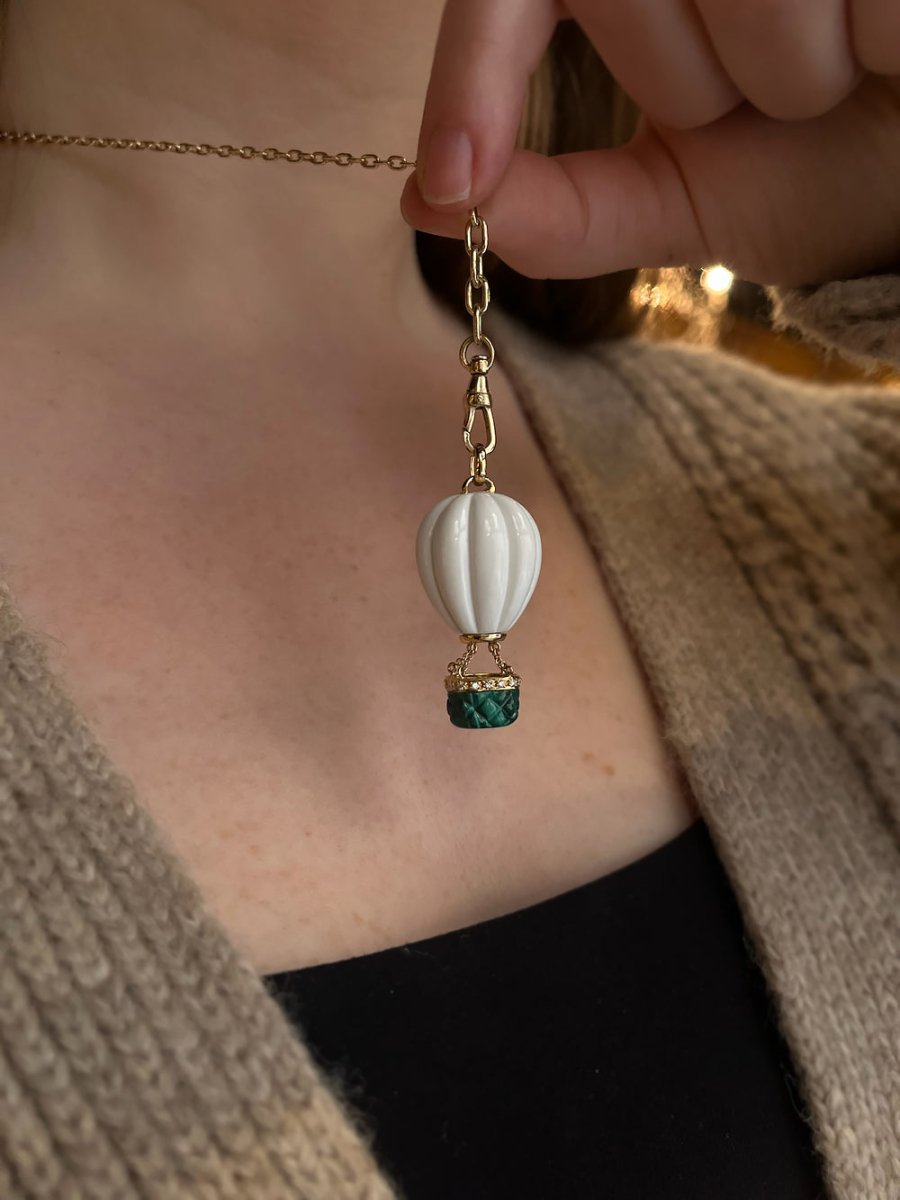 18k Gold Carved Agate + Malachite Hot Air Balloon Pendant