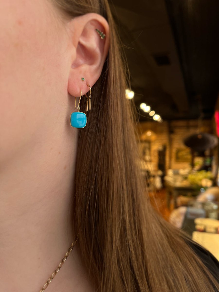 18k Gold Cushion Turquoise Earrings