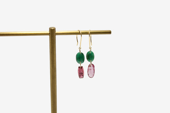 18k Gold Emerald + Pink Tourmaline Drop Earrings
