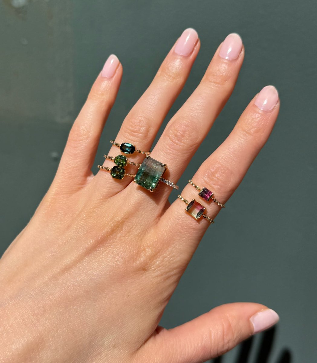 18k Gold Lagoon Watermelon Tourmaline & Diamond Bar Ring