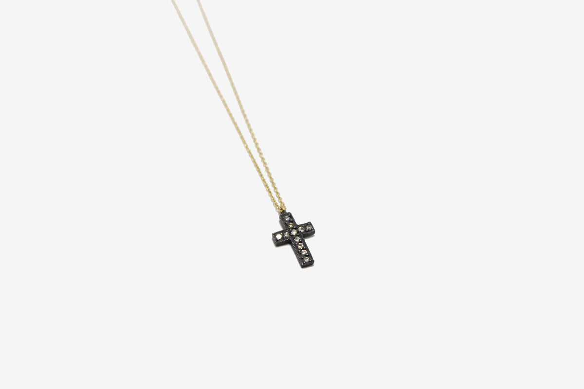 18k Gold + Oxidized Silver Small Diamond Cross Necklace