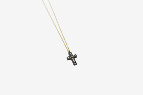 18k Gold + Oxidized Silver Small Diamond Cross Necklace