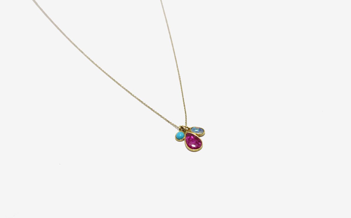 18k Gold Ruby, Turquoise, Opal Charm Necklace