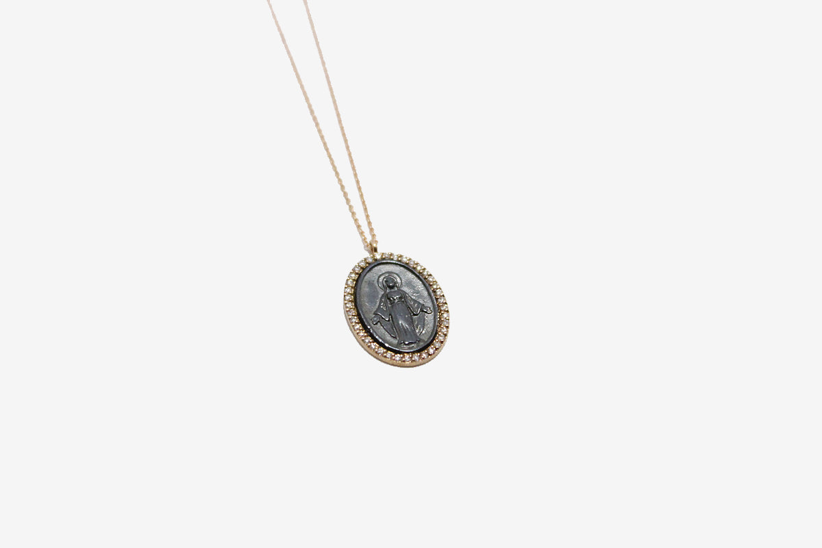 18k Rose Gold & Oxidized Silver Miraculous Medal Necklace