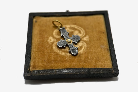 24k Gold + Oxidized Silver Byzantine Cross Pendant