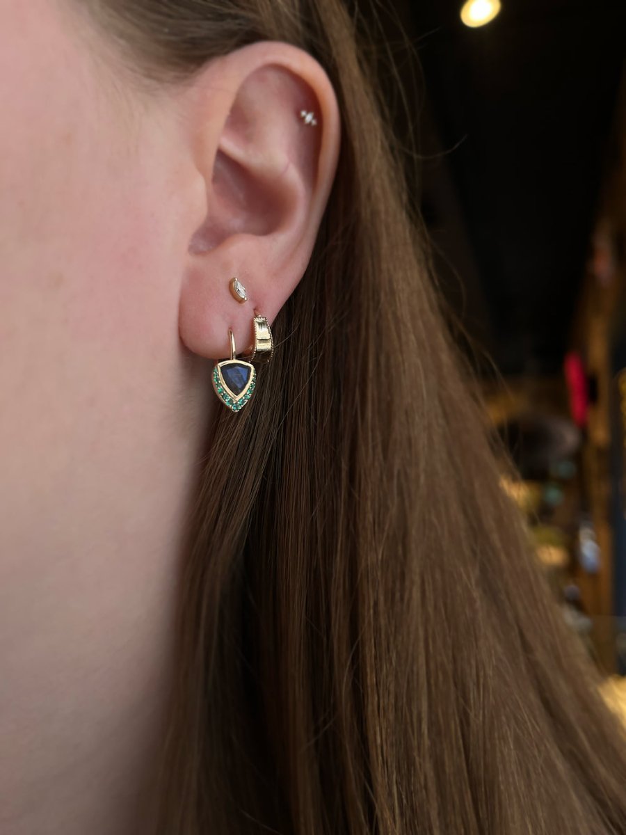 9k Gold Labradorite & Emerald Trillion Drop Earrings