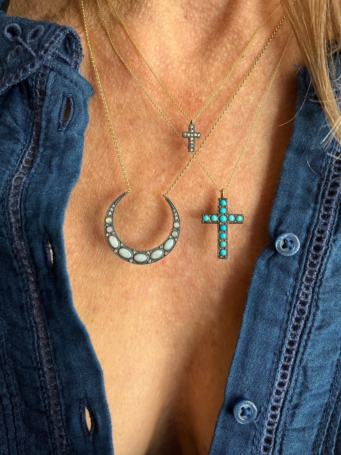 18k Gold + Oxidized Silver Small Diamond Cross Necklace