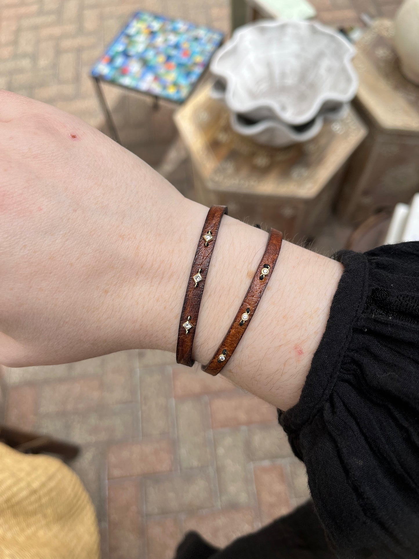 14k Gold Diamond Brown Leather Bracelet