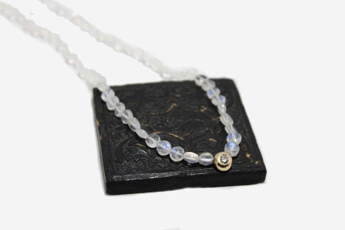 Beaded Moonstone Coin and Diamond Necklace