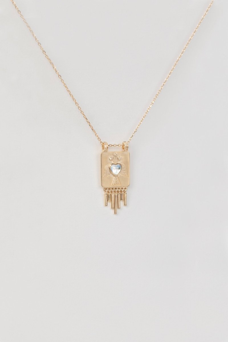 Celine Daoust Angel Plate Moonstone Heart + Fringe Necklace