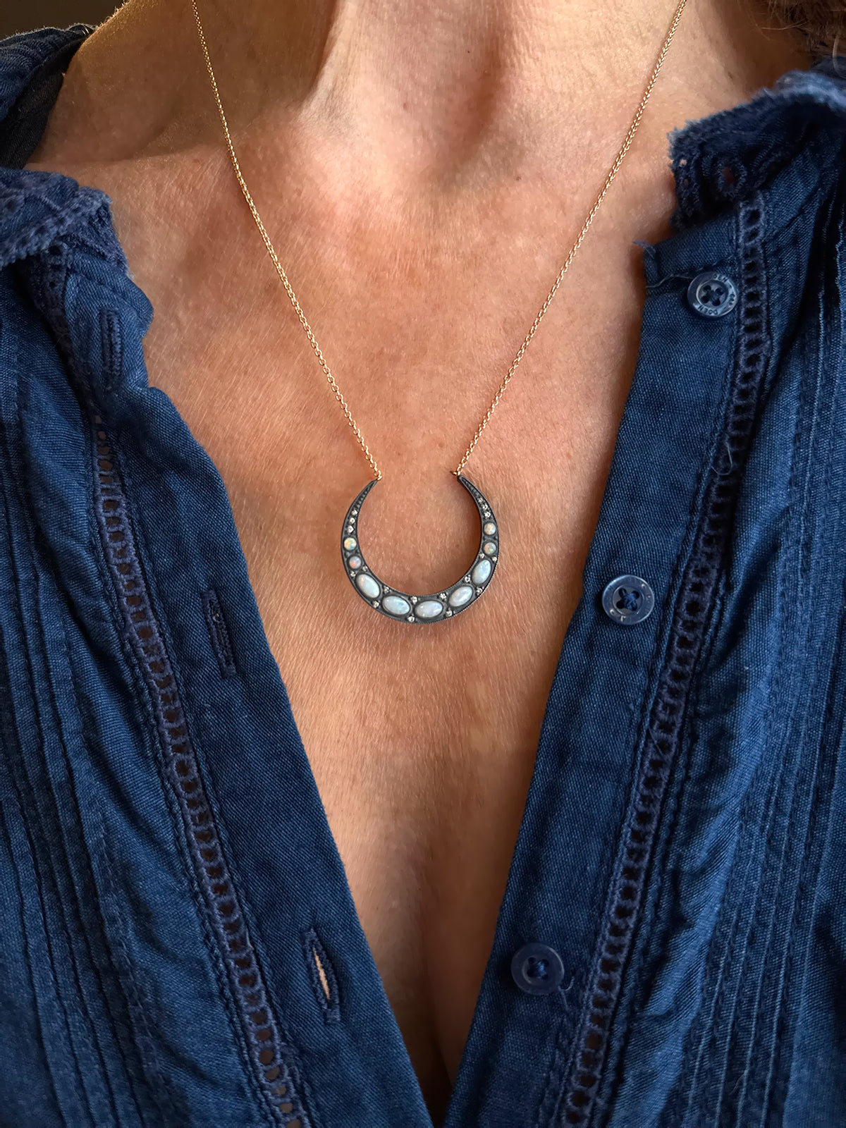 18k Gold + Oxidized Silver + Opal Crescent Necklace