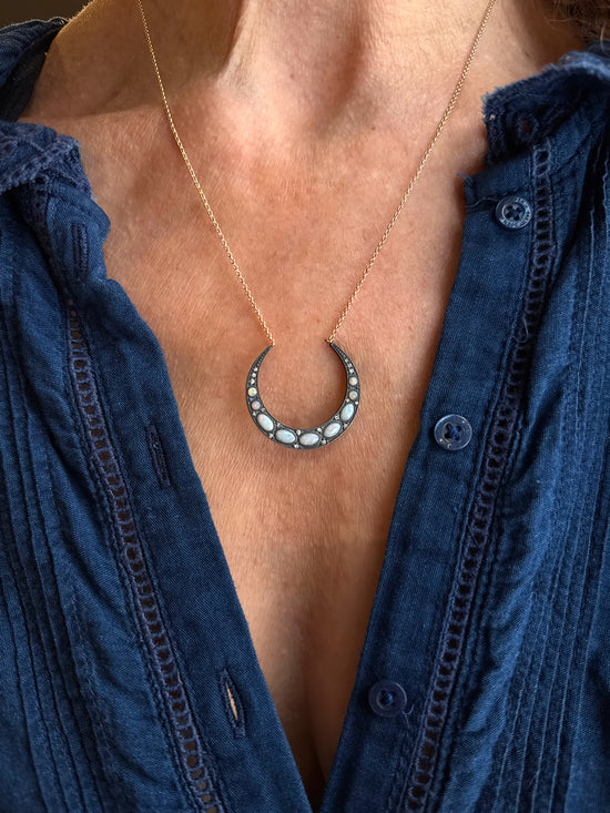 18k Gold + Oxidized Silver + Opal Crescent Necklace