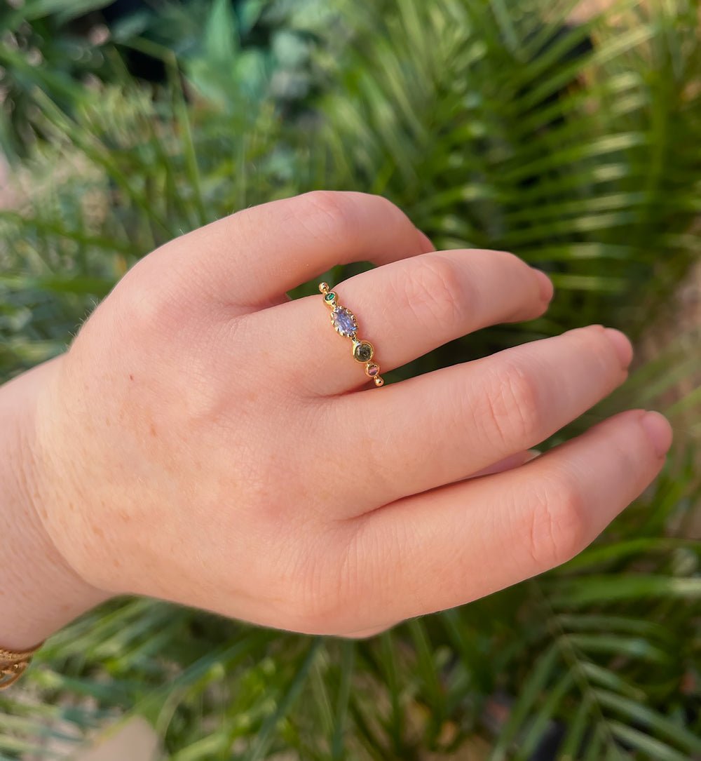 Dorette 18k Gold Simple Tourmaline + Emerald Ring