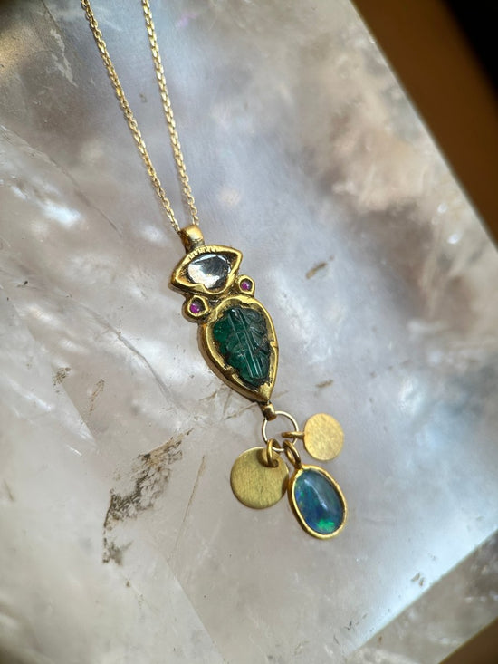 One of a Kind 18k Gold Diamond, Emerald, Ruby and Opal Necklace