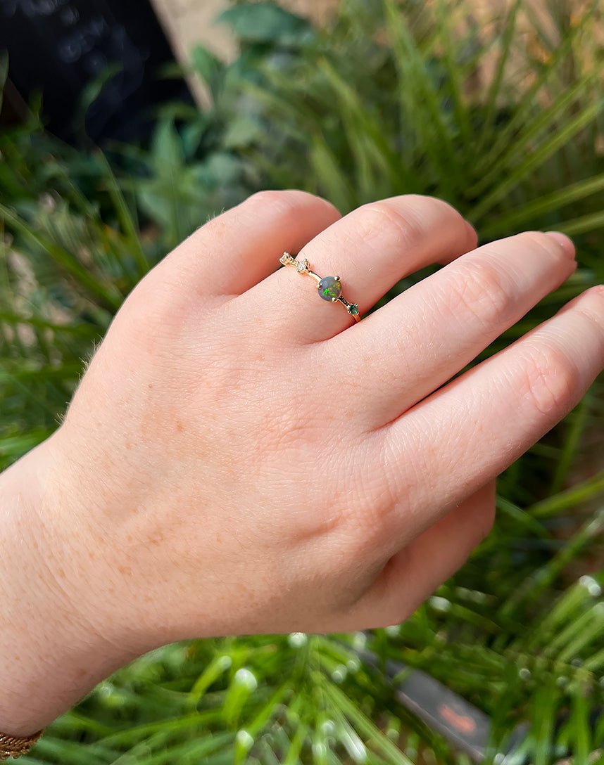 Petite Baleine Lightning Ridge Opal + Emerald Dot Dash Ring