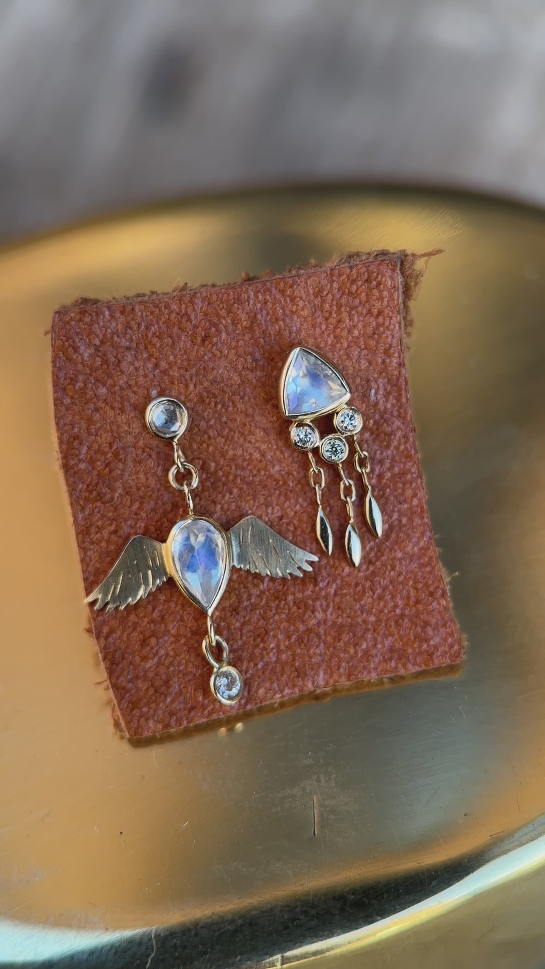 Load and play video in Gallery viewer, Celine Daoust 14k Moonstone &amp;amp; Diamond Single Earring
