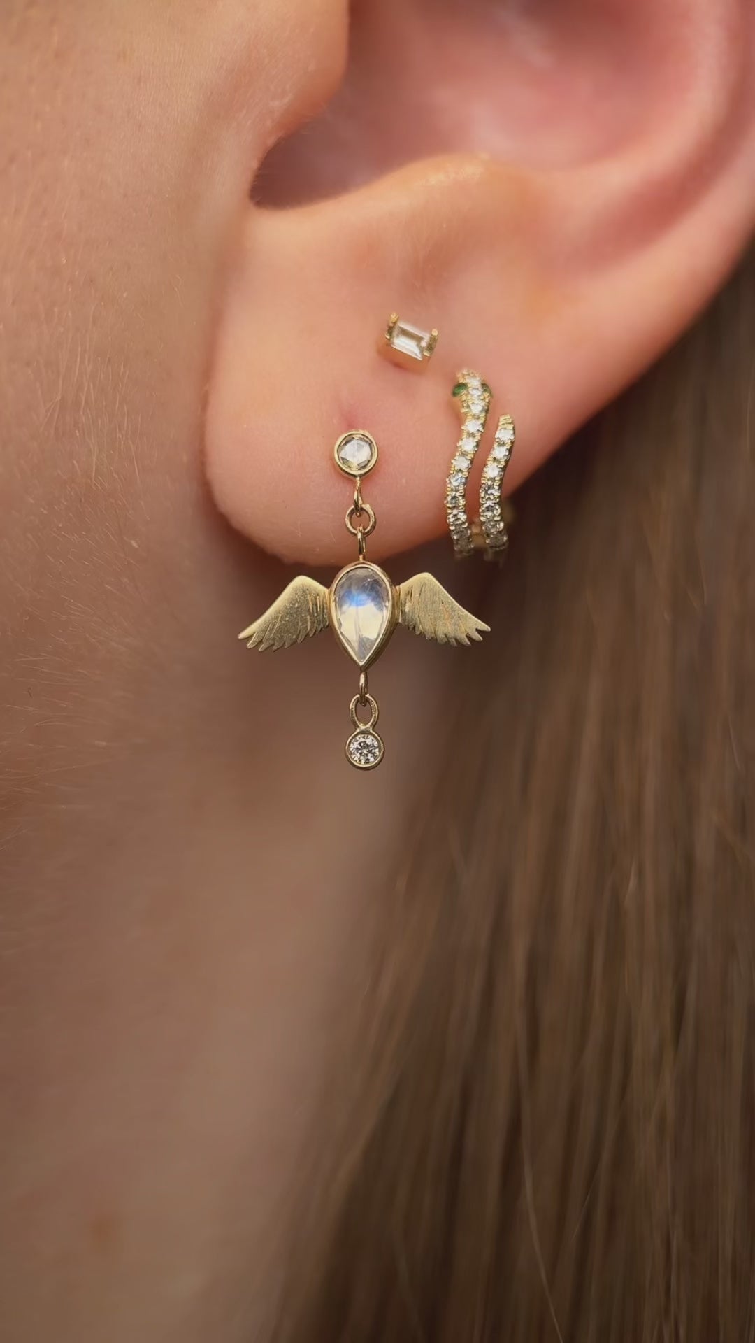 Load and play video in Gallery viewer, Celine Daoust 14k Moonstone Bird &amp;amp; Diamond Single Earring
