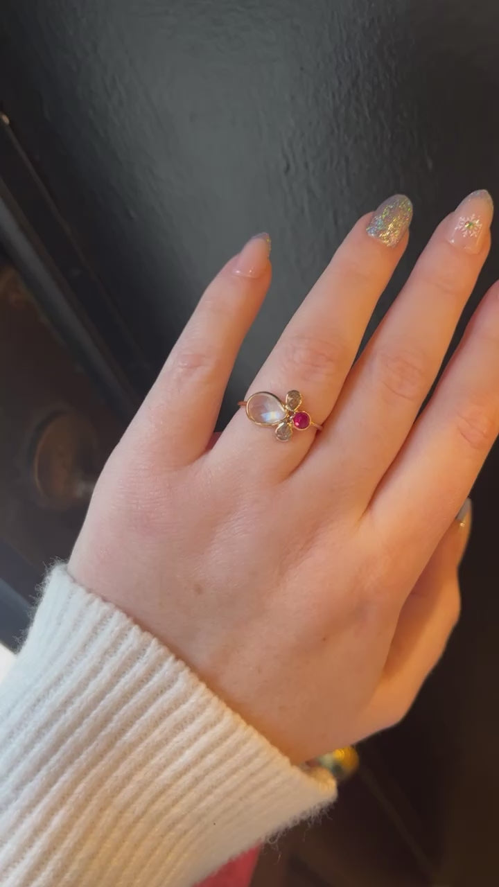 Load and play video in Gallery viewer, ✨ 14k Gold Moonstone, Ruby + Diamond Ring ✨
