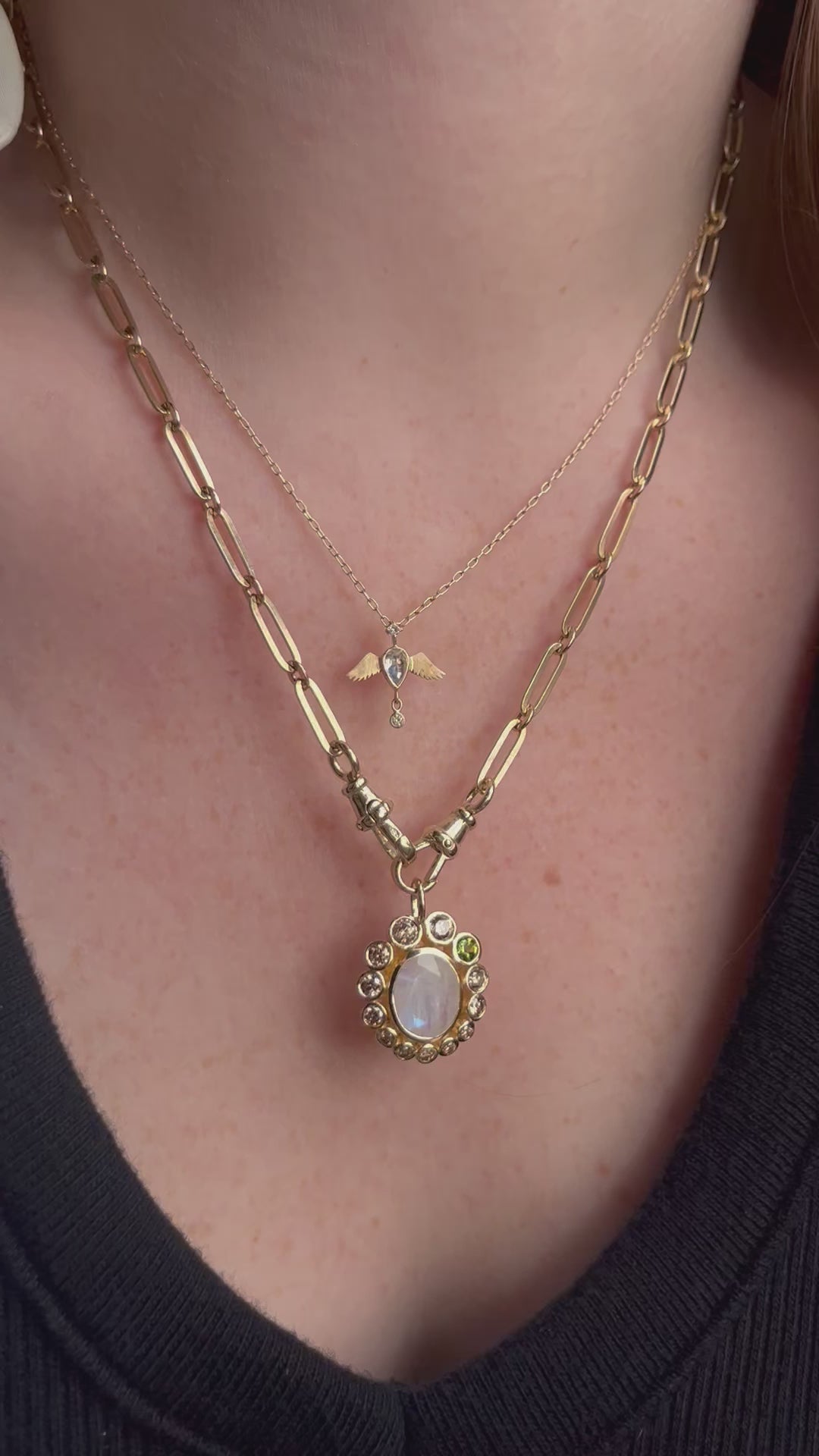 Load and play video in Gallery viewer, Celine Daoust 14k Gold Moonstone Angel Necklace
