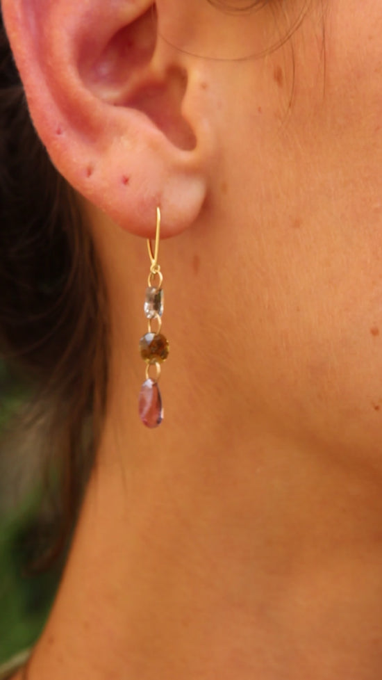 Load and play video in Gallery viewer, 18k Gold Pale Multicolor Tourmaline Drop Earrings

