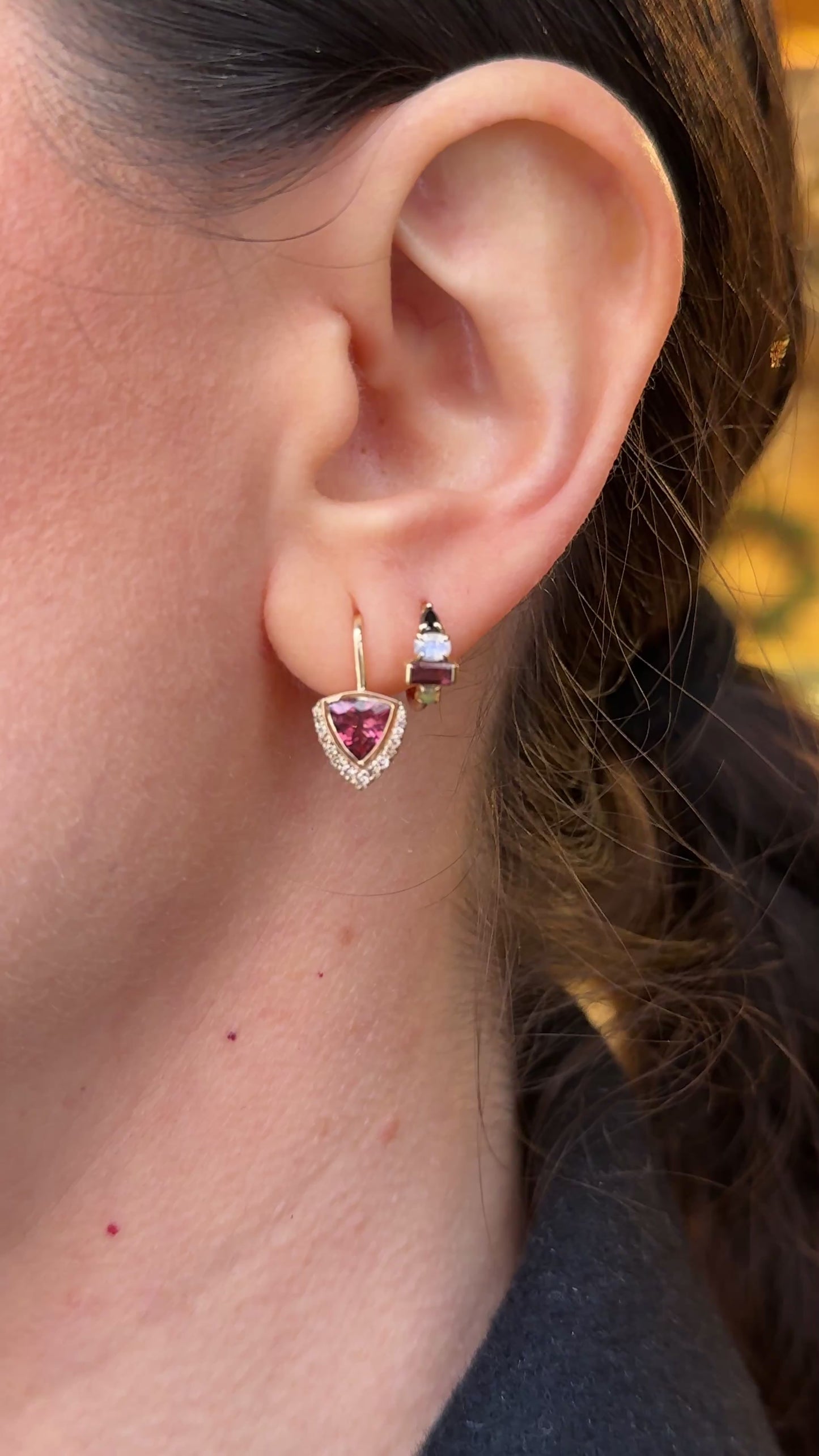 9k Gold Pink Tourmaline & Diamond Trillion Drop Earrings