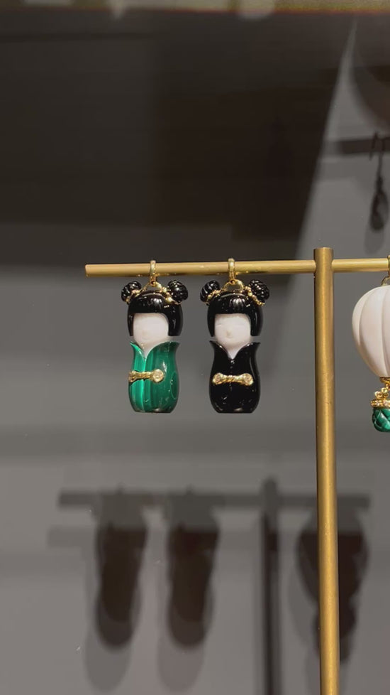 Load and play video in Gallery viewer, 18k Gold Carved Agate + Malachite Chinese Doll Pendant
