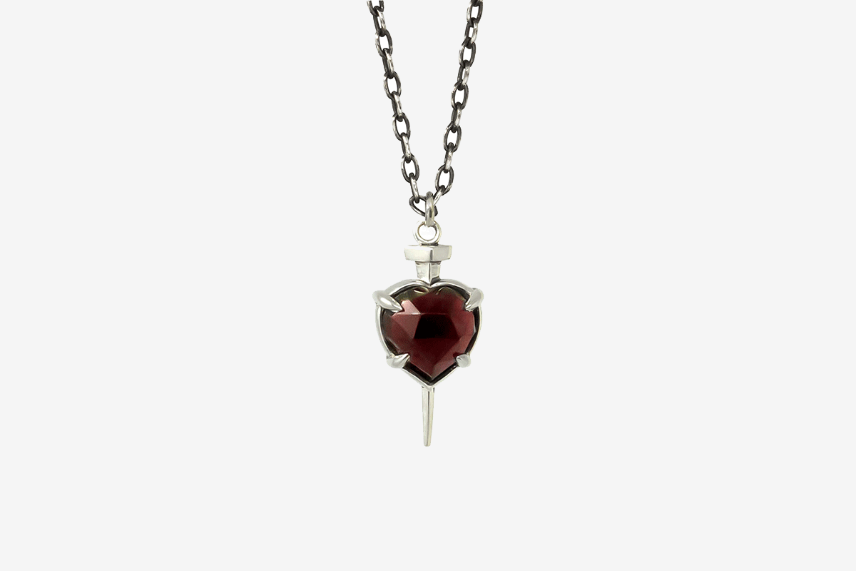 Sterling Silver Garnet Nail Through the Heart Necklace