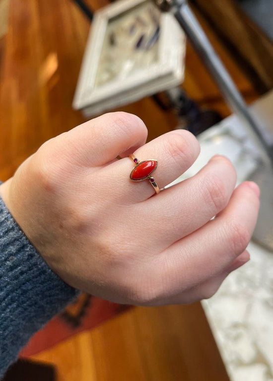 14k Gold Coral & Ruby Ring