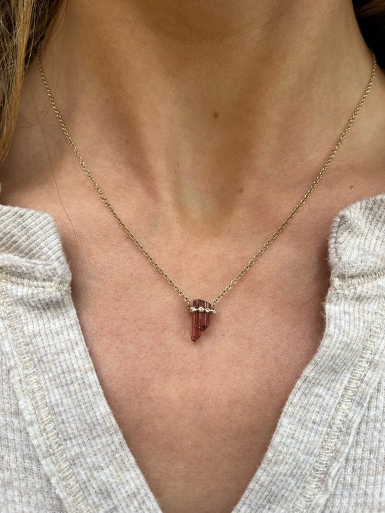 Load image into Gallery viewer, 14k Gold Double Point Pink Tourmaline Crystal Necklace
