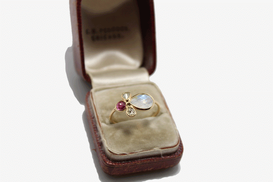 14k Gold Moonstone, Ruby + Diamond Ring