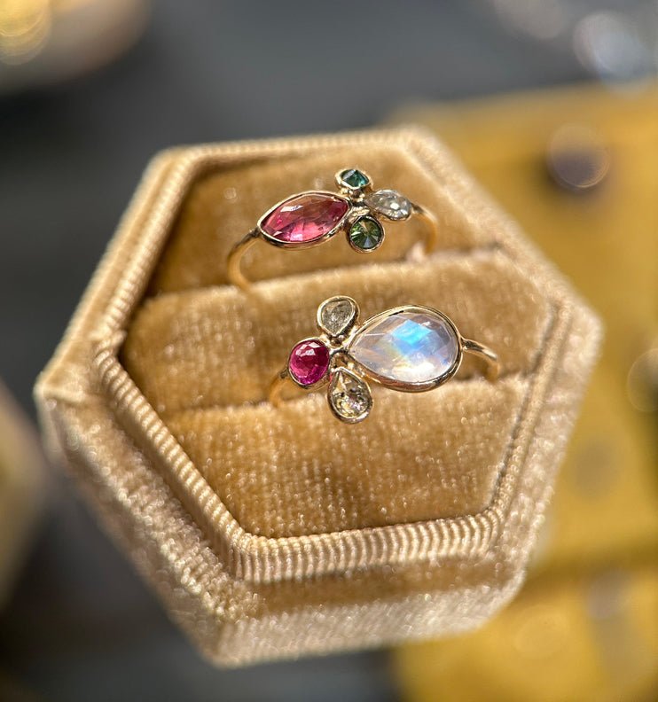 Load image into Gallery viewer, 14k Gold Moonstone, Ruby + Diamond Ring
