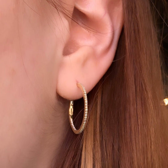 14k Gold Round Diamond Hoop Earrings -2 sizes
