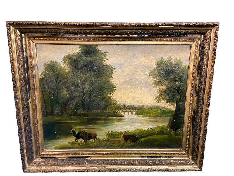 Load image into Gallery viewer, Antique European Cows in Pasture Oil
