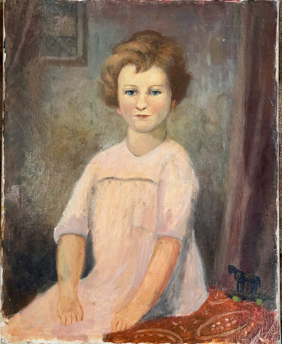 Antique Oil Portrait of Young Girl with toy