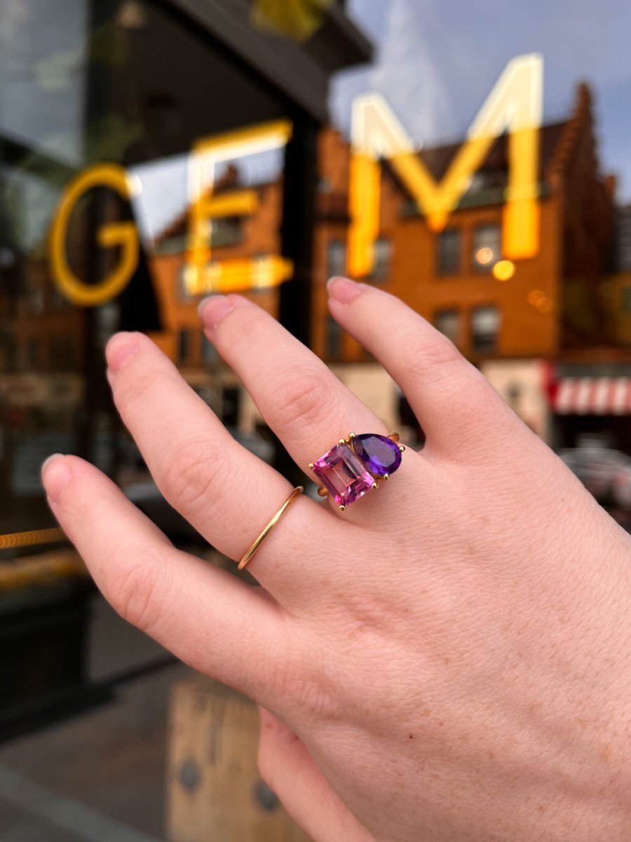 Gemma Couture 14k "Toi et Moi" Pink Topaz + Amethyst Ring