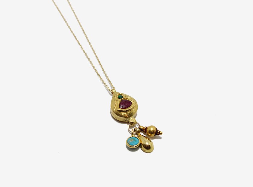 One of a Kind 18k Gold Diamond, Ruby, Emerald and Turquoise Necklace