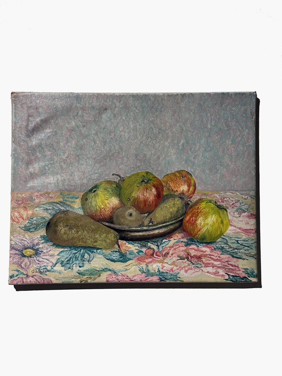 Vintage Still Life of Fruit on Floral Tablecloth